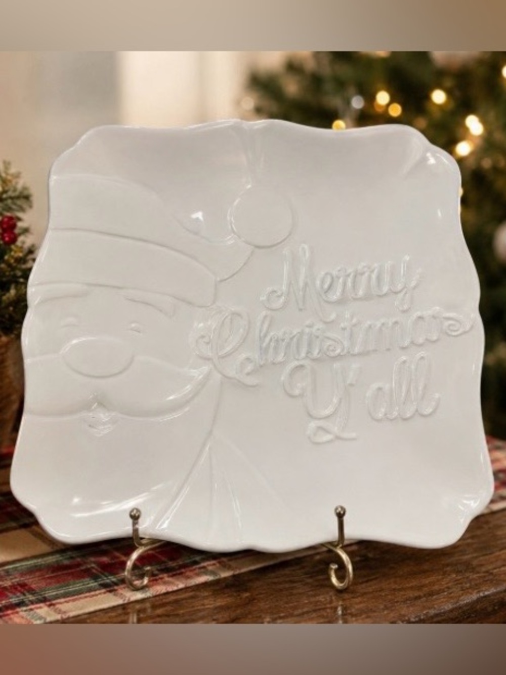 Royal Standard Merry Christmas Y'all White Square Embossed Santa Platter 11.5"
